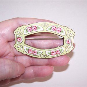 Antique Art Nouveau Gilt Brass Enamel Sash Pin Brooch - Pink Roses